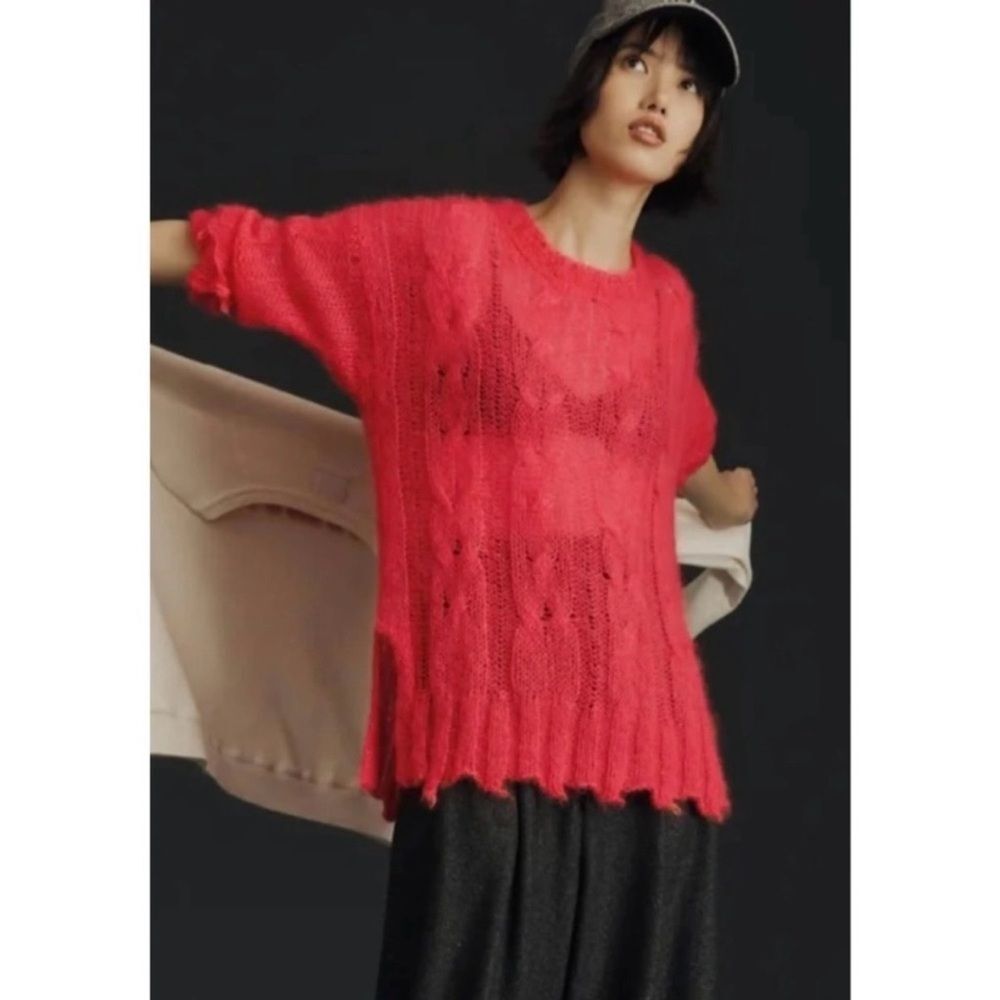 Anthropologie Posey Stitchy Distressed Open Knit Wool Sweater Pink Size XS